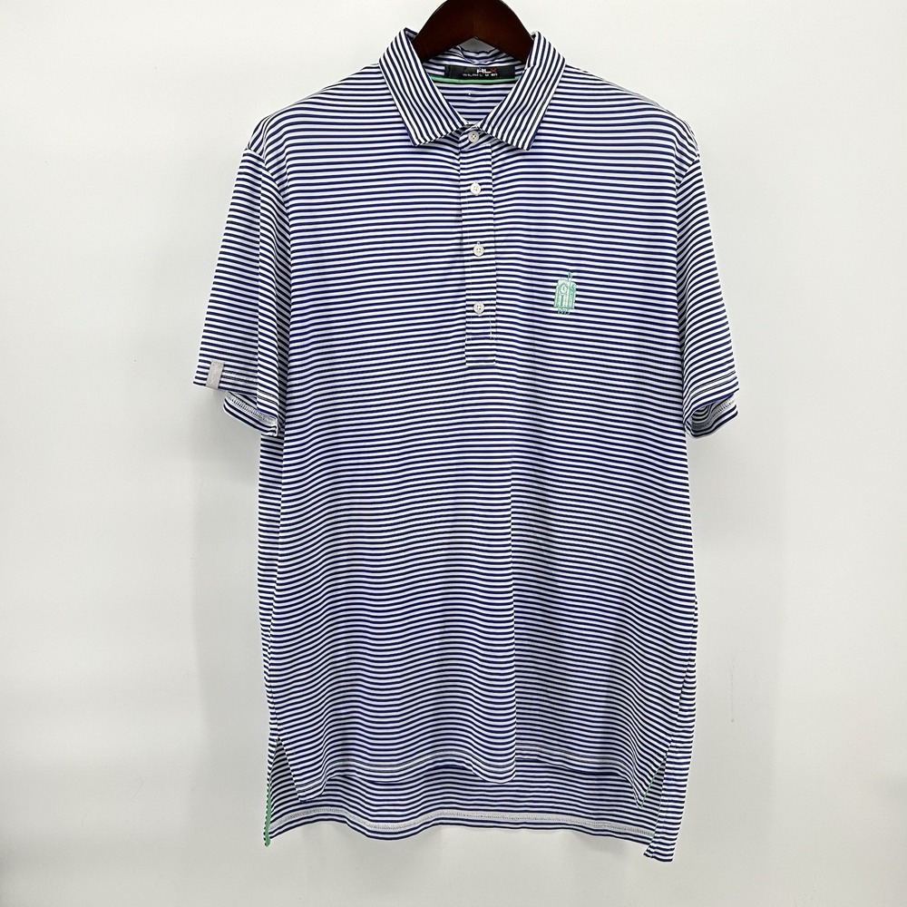 RLX Ralph Lauren Golf Polo Mens L Olympia Fields C.C. Blue Stripe Green Tower